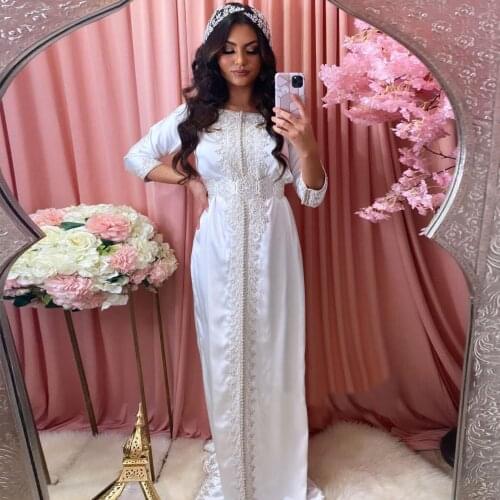 White Simple Elegant Moroccan Caftan Evening Dress A-Line Floor Length Saudi Arabia Muslim Prom Dress Custom Made Plus Size