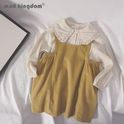 Mudkingdom Girls Shirts Dress Set Peter Pan Collar Long Sleeve Tops Solid Loose Strap Dresses Sets for Kids Casual Spring Outfit
