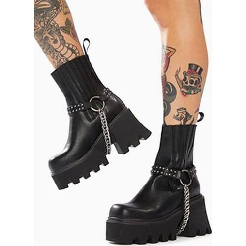 IPPEUM Women Boots Black Slip-On Solid High Heel Ankle Boots Chain Platform Rivit Luxury Cool Punk Goth Shoes ботинки женские