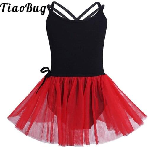 TiaoBug Kids Teens Cotton Spaghetti Straps Ballet Gymnastics Leotard with Mesh Dance Tutu Skirt Set Girls Stage Dance Costume