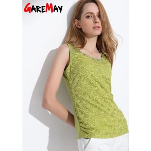Garemay Women Blouses 2020 Summer Top Beading Blusa Feminina White Lace Blouse Sleeveless Shirt Women Blusinhas Haut Femmes Mode