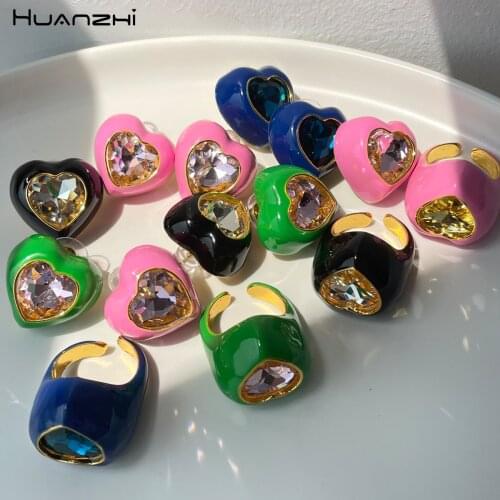 HUANZHI 2021 NEW Personality Colorful Dripping Oil Metal Heart Love Zircon Enamel Rings for Women Girls Party Jewelry Gift