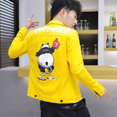 Fashion Mens Short Denim Jacket Long Sleeve Jacket Cartoon Pattern Back Single Breasted Cool Jackets Students Outwear L11