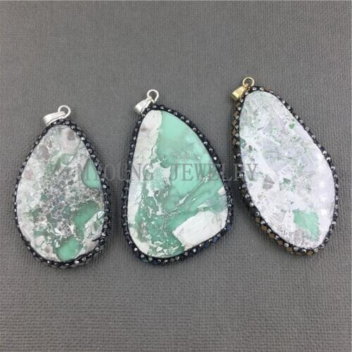 MY1026 Freeform Green Jaspers Pendant Pave Rhinestone Abalone Shell Gem Stone Druzy Pendant Charm