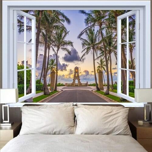 Seaside landscape Coconut trees tapestry hippie Mandala Wall Hanging Blue Ocean Tapestry Window Sunset tapestry