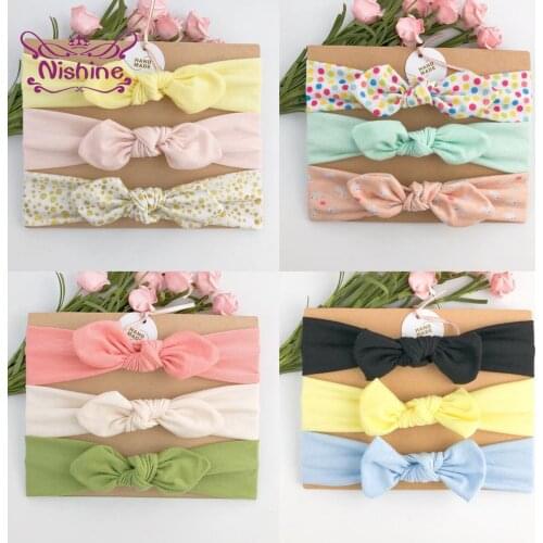 Nishine 3pcs/lot Newborn Infant Print Bunny Ears Headband Baby Girls Rabbit Lug Bowknot Hairband DIY Handmade Children Headwear