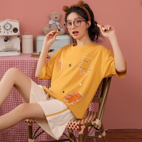 New Summer Womens Pajamas Kawaii Cartoon Yellow Short Sleeved Maiden Sleepwear Cotton Homewear Plus Size O-Neck 2Pcs Nightwear