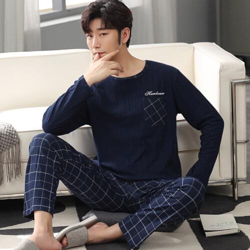 Spring Autumn Men Pajamas Set Cotton Print Sleepwear Night Suit Casual Long Sleeve Plaid Pants Pyjamas Plus Size Homewear 4XL