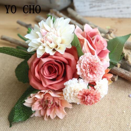 YO CHO Bride Wedding Bouquet 8 Heads Silk Rose Dahlia Artificial Flower Bridesmaids Fake Pompon Bundle Home Wedding Table Decor