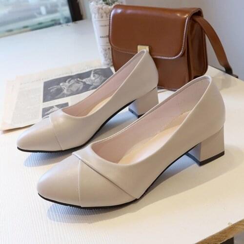 Soft Leather Single Shoes Women Work Shoes Thick Heel Mid-heel Working Shoes Professional Pointed High Heels Women Shoes
