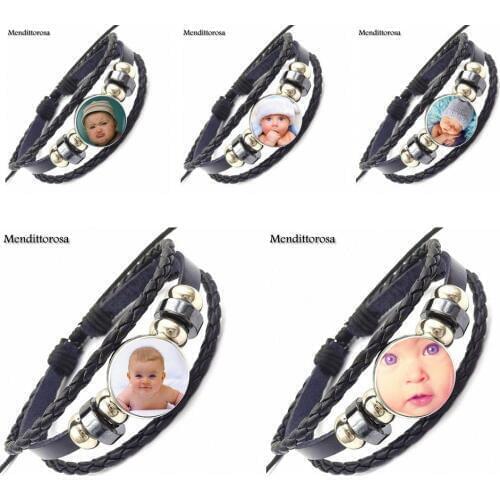 Your Baby Boy For Women Men Party Retro Style Vintage Jewelry Plated With Glass Cabochon Black Leather Bracelet Bangle