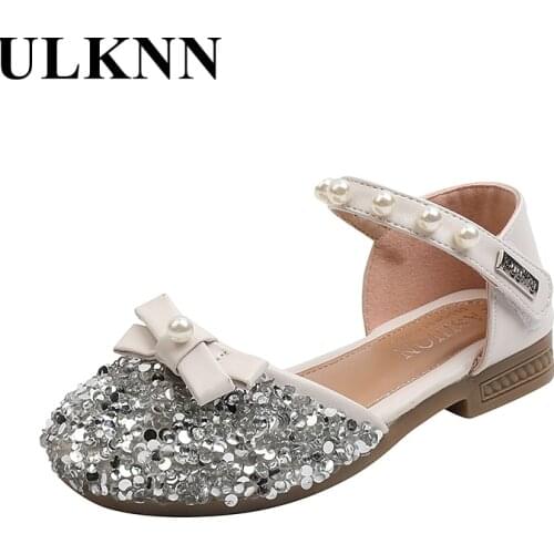 ULKNN Girls Princess Glitter Bowtie Sandals 2021 New Design Kids Fashion Breathable Round Toe Sandals Students Pearls Shoes