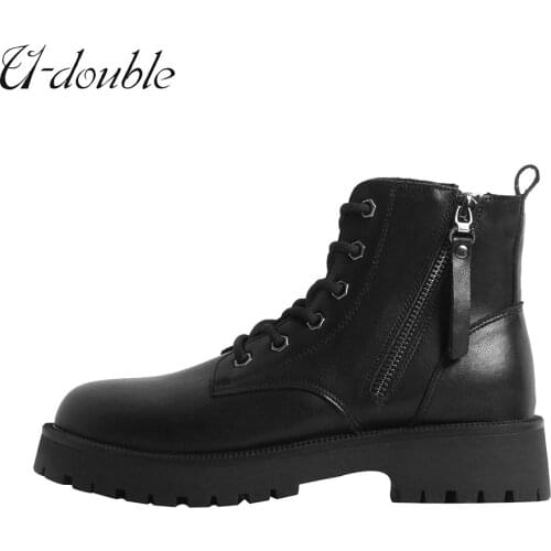 U-DOUBL Brand Fashion Ankle Boots Platform Women Calfskin Leather Round Toe Zip Lace Up High Street Style Ladies Shoes Handmade