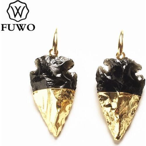 FUWO Female Elegant Arrowhead Ear Plugs Dangle Gold Trimmed Black Obsidian Earrings For Women Party Wedding Gift Wholesale ER251