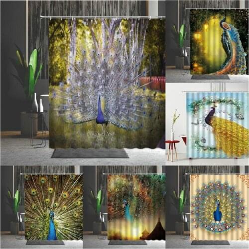 Golden Peacocks Shower Curtains Animal Lovely Bird Pattern Bathroom Decor Home Bath Bathtub Waterproof Polyester Curtain Set