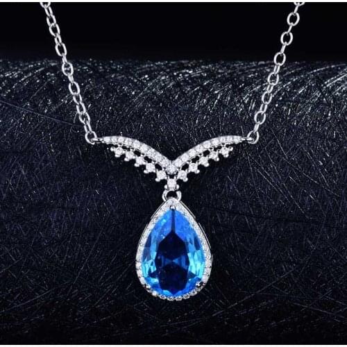 2021 New Trend Charm Pendant Necklace Inlay Blue Water Drop AAA Zircon Fashion Geometric Jewelry Womens Wedding Engagement Gift