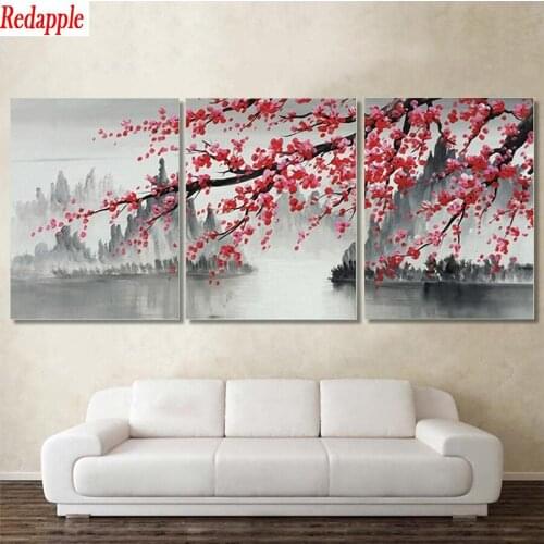 Diamond Mosaic Abstract Chinese Classical Ink Art Landscape Plum Blossom Art round drill Cross Stitch Diamond Decor For Hom3pcs