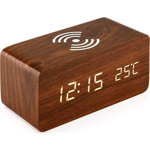 Alarm Clock With For Qi Wireless Charging Pad Compatible With For Iphone Samsung Wood Led Digital Clock Sound Control Function