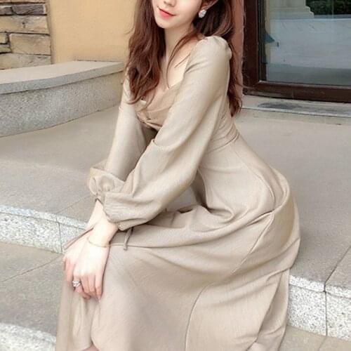Elegant Midi Dress Women Vintage Retro Praty Dress Offcie Lady Casual Slim Long Sleeve One-Piece Dress New 2020 Womens Autumn