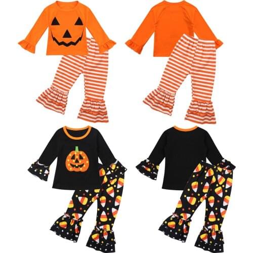 FEESHOW Kids Baby Girls Halloween Party Outfit Clothing Long Sleeve Pumpkin T-Shirt Tops with Ruffle Falre Pants Clothes set