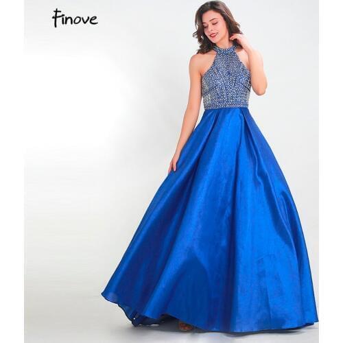 Finove Sexy Prom Dress Long 2020 Blue Satin Reflective Dress Sexy Halter A Line Floor Length Beading Crystals Party Dress Gown