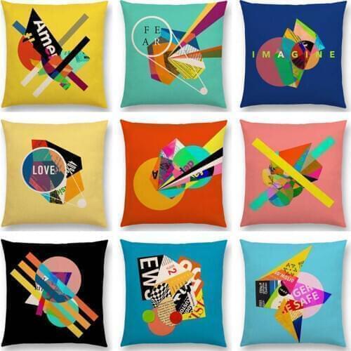 Geometric Color Blocks Decorative Letters Collage Colorful Art Rich Emotion Abstract Prints Cushion Cover Sofa Throw Pillow Case