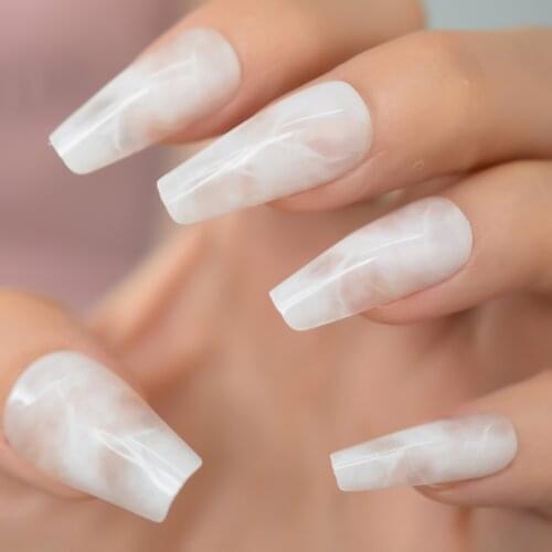 Glossy White Marble Cloud Ballerina Coffin False Nail Gradient Long Press on Ballet Fake Nails Reusable Wear Tips
