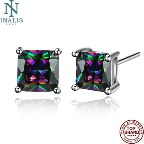 INALIS Square Large Color Cubic Zirconia Stud Earrings For Women Silver Color Simple Style Earrings Birthday Gift To Girlfriend