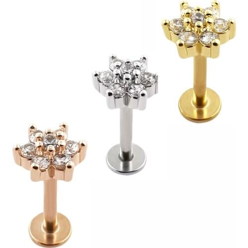 JHJT 1PC 16G Clear Flower Ear Tragus Piercing Nose Ring Stainless Steel Oreja Helix Earrings Labret Lip Piercing Stud