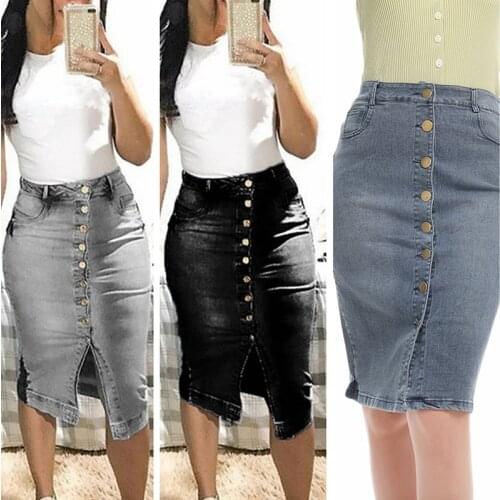 Women Fashion Denim Distressed Jeans High Waist Bodycon Long Skirt Buttons Pockets Split Bandage Jeans Skirt
