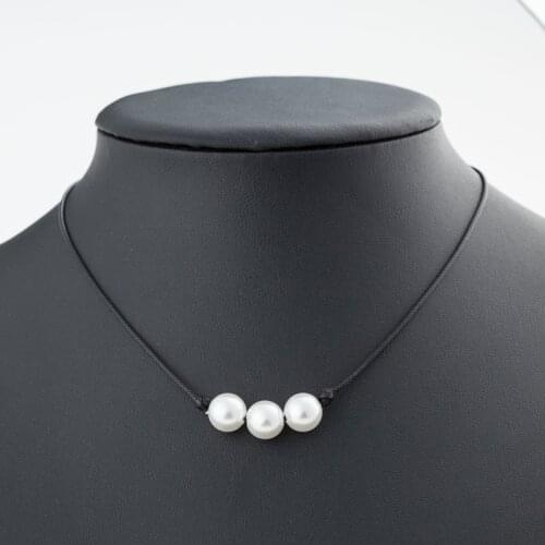 New Women Black Leather Cord Three Pearl Pendant Knot Choker Necklace Jewelry Cord Knotted Necklaces Handmade Jewelry