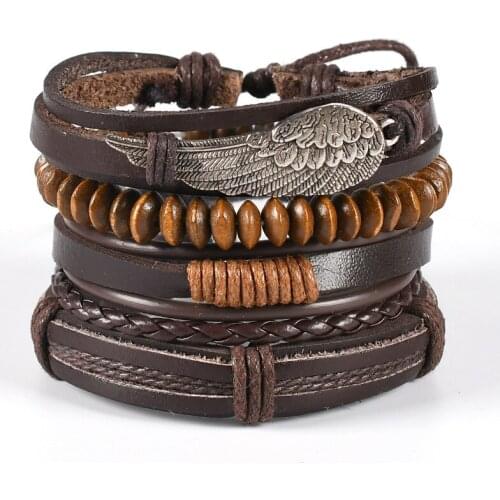 New Mens Charm Bracelets DIY Handmade Ornament Alloy Feather Bracelet Unisex Black Leather Bracelet Charm Jewelry Wholesale