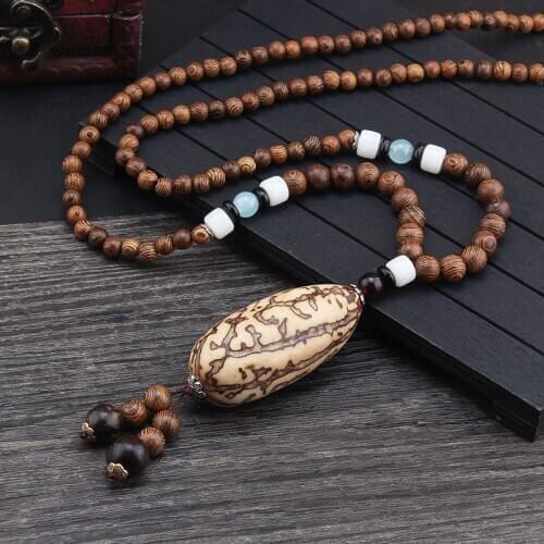 New Vintage Nepal Buddhist Mala Wood Beads Pendant Necklace Ethnic Style Buddha Women Men Long Necklaces