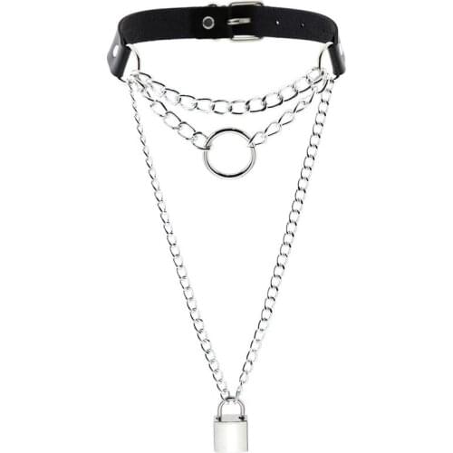 Gothic Hip Hop Multilayers Chains Necklace Punk Choker Collar Lock Pendant Necklaces Women Leather Emo Witch Rave Jewelry