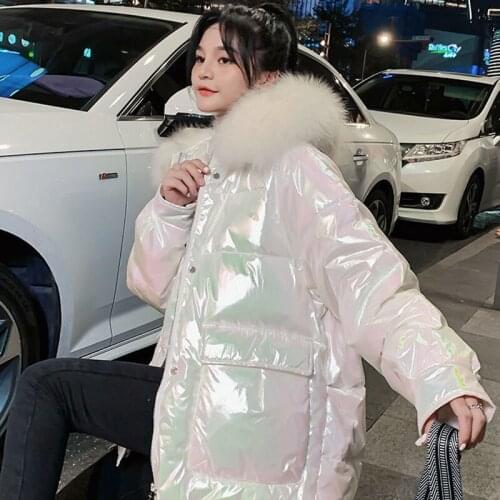 JuneLove New Winter Down Parka Coat For Women Colorful Glossy Parkas Ladies Big Fur Collar Hooded White Duck Down Jacket Outwear