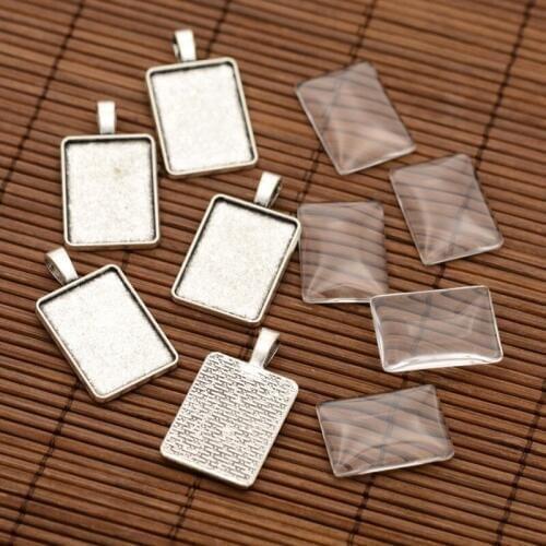 5 sets Alloy Rectangle Pendants Cabochons Settings Transparent Rectangle Glass Cabochon 36x20x2mm Hole:3mm