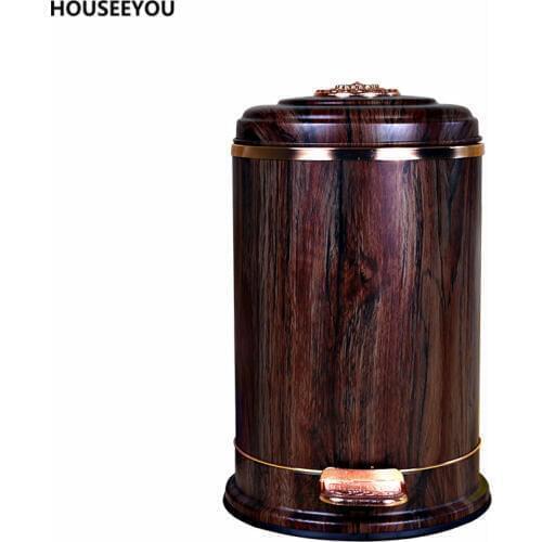 Luxury Stainless Steel Trash Bin Red Wood Pattern Metal Waste Bin for Trash Bag Holder Trash Can Kitchen and Living-room 6L/10L