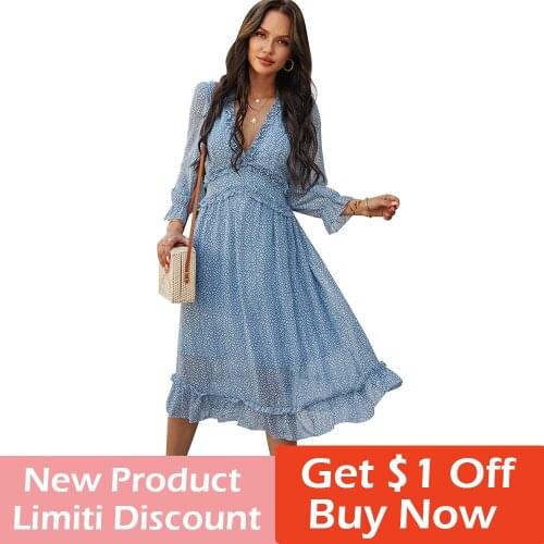 Chiffon Floral Print Dress Women Ruffle V Neck Sexy 2021 New Simple Elegant Vintage A-Line Casual High Waist Midi Long Dresses