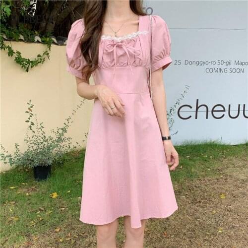 SLPBELY Sweet Women Dress Summer French Lace Puff Sleeve Square Collar Pink Dress Casual Korean Vacation Dress Vestido Sundress
