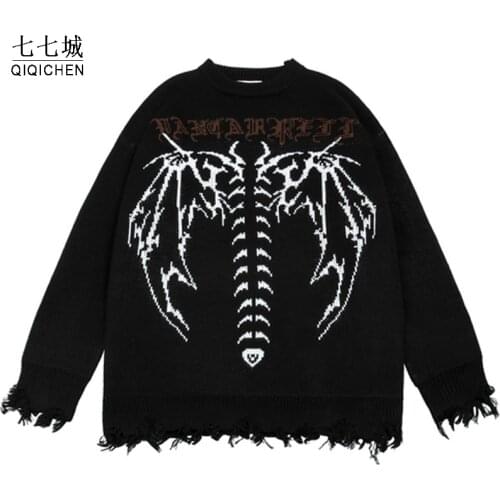 Hip Hop Frayed Knitted Sweater Men Gothic Letter Bat Skeleton Print Pullover Women Autumn Harajuku Streetwear Punk Warm Sweaters
