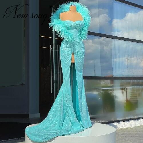 Green Feathers Evening Dresses For Weddings 2021 Vestidos De Noche Plus Size Prom Gowns Dubai Arabic Split Mermaid Party Dress