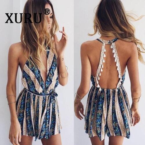 XURU new hot summer womens one-piece shorts bohemian hanging neck strapless print new jumpsuit