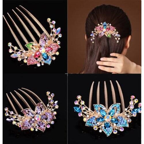 1PC Colorful Flowers Rhinestone Hairpins Retro Womens Hollow Out Crystal Hair Comb Hairpin Fashion Hair Accessories Headdress