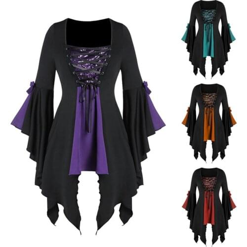 Woman Medieval Style Blouse Renaissance Viking Pirate Gothic Shirt Halloween Vampire Lotus Sleeve Irregular Bandage Shirts Tops