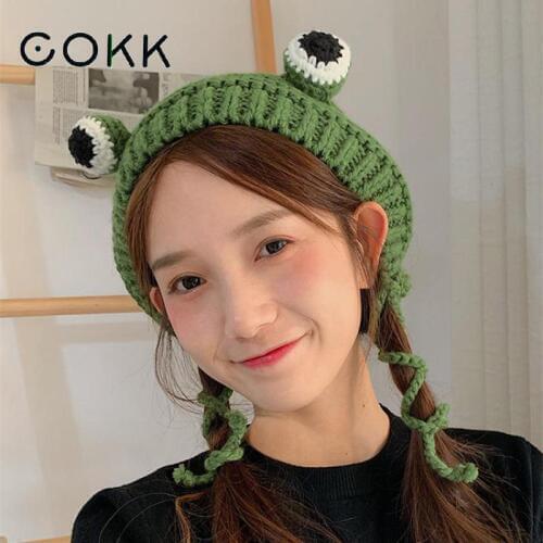 COKK Handmade Cartoon Cute Frog Big Eyes Knitting Hats For Women Children Korean Style Winter Beanie Women Hats Christmas Gift