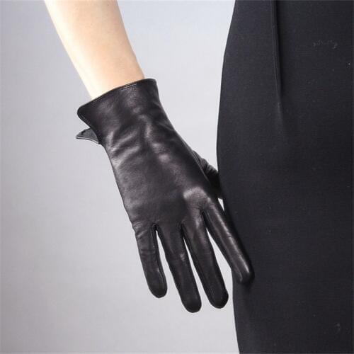 Genuine Leather Pure Sheepskin Medium And Long Section Fashion Black Slender Cut Basic Style Woman Gloves Warm TB79