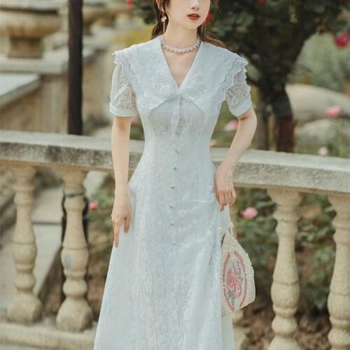 Dresses for women 2021 French Chic Bowknot Beaded Sweet and Cute Dress Summer Navy Neck Retro Lace Dress Vestidos