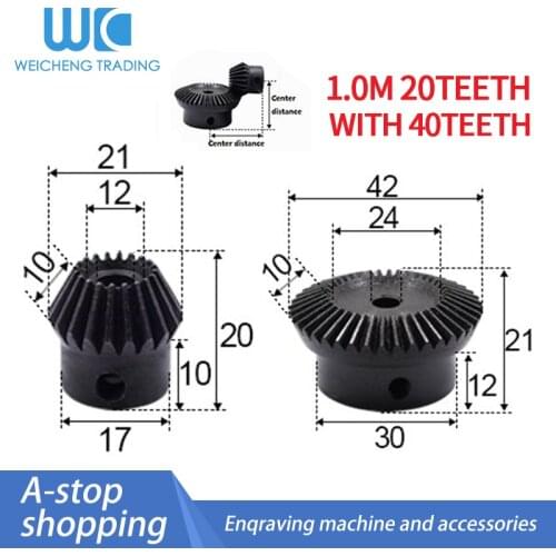 1:2 Bevel Gear 1 Modulus 20 Teeth + 40teeth Inner Hole 6mm 90 Degree Steel Gears With Screws
