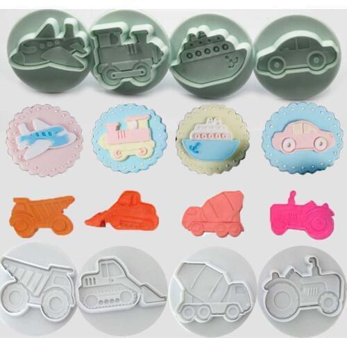 1SET Vehicle Machinery Truck Plunger Fondant Molds Car Steamship Train Plane Cookies Cutters Moulds Cup Cake Decoration Tools
