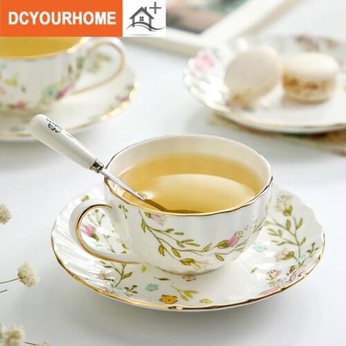 3 pcs Simple Bone China Coffee Cup and Saucer Rural Style Ceramic English Cup Set with Saucer Small Fresh Flower Tea Cup
